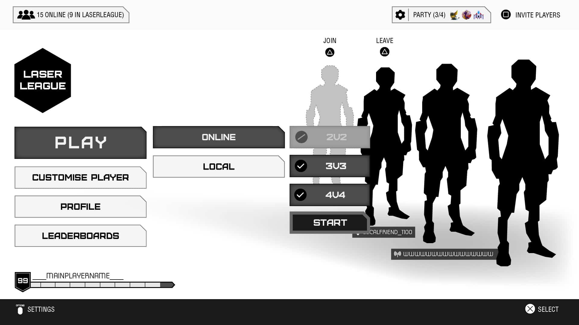 Laser League wireframe example for team size play online